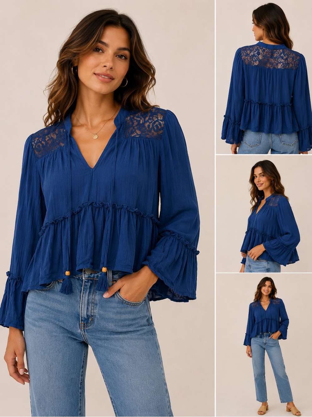 Gypsies & Moondust Navy Blue Lace-Yoke Peasant Blouse